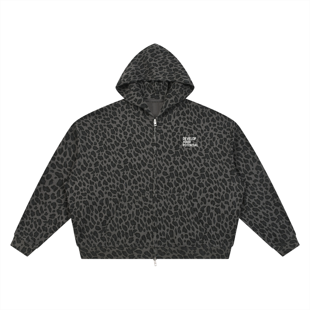 Unisex Leopard Print Waffle Full Zip Hoodie