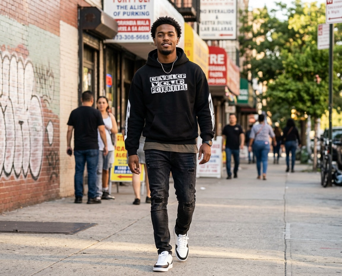 Develop Your Potential black graphic hoodie with white text worn by a man on a city sidewalk with distressed jeans