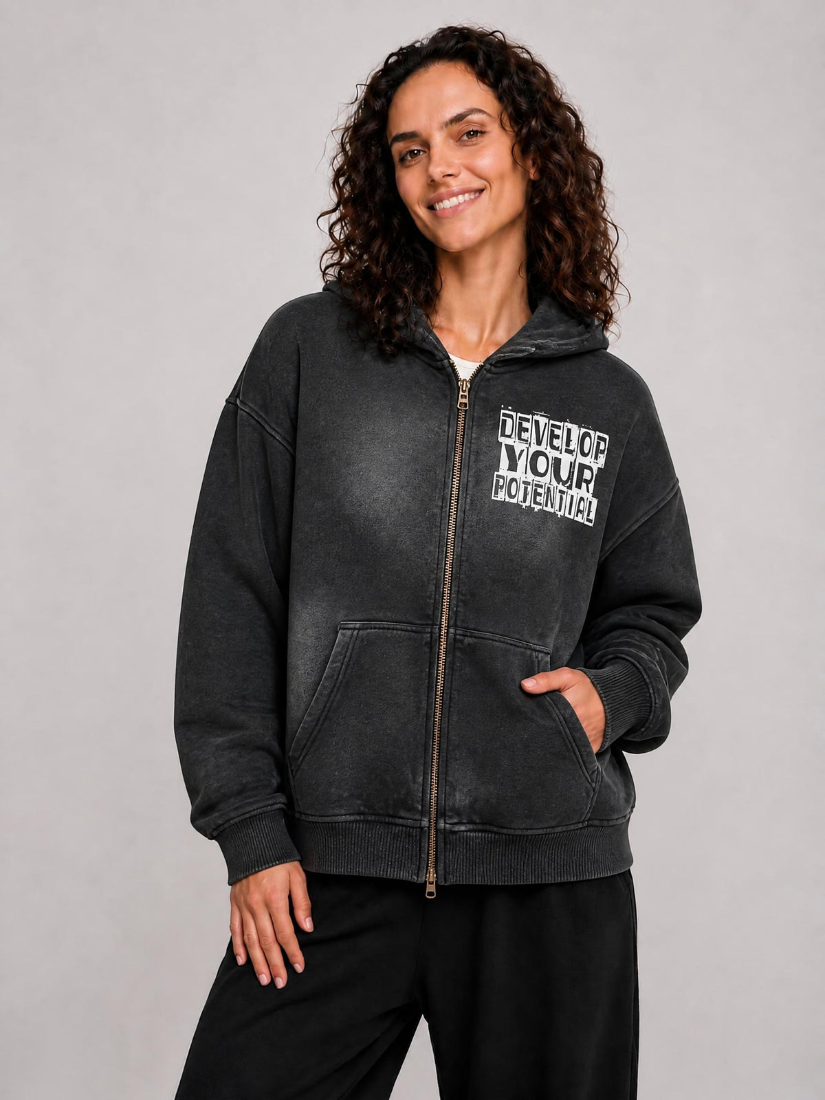 Sunfade Two-way Zipper Boxy Fleece Hoodie